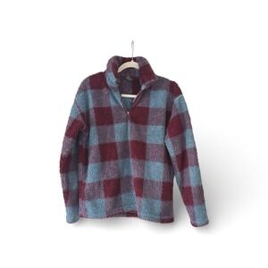 Eddie Bauer Womens Sherpa Fleece Quarter Zip Pullover Plaid Burgundy Blue Size M